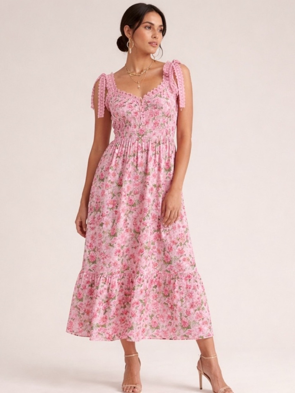 Dillards Pink Floral Tie-Shoulder Midi Dress - Blu Pepper